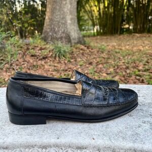 Stacy Adams Mens 10 Black Genuine Snake Skin Leather Moc Toe Loafers Slip On